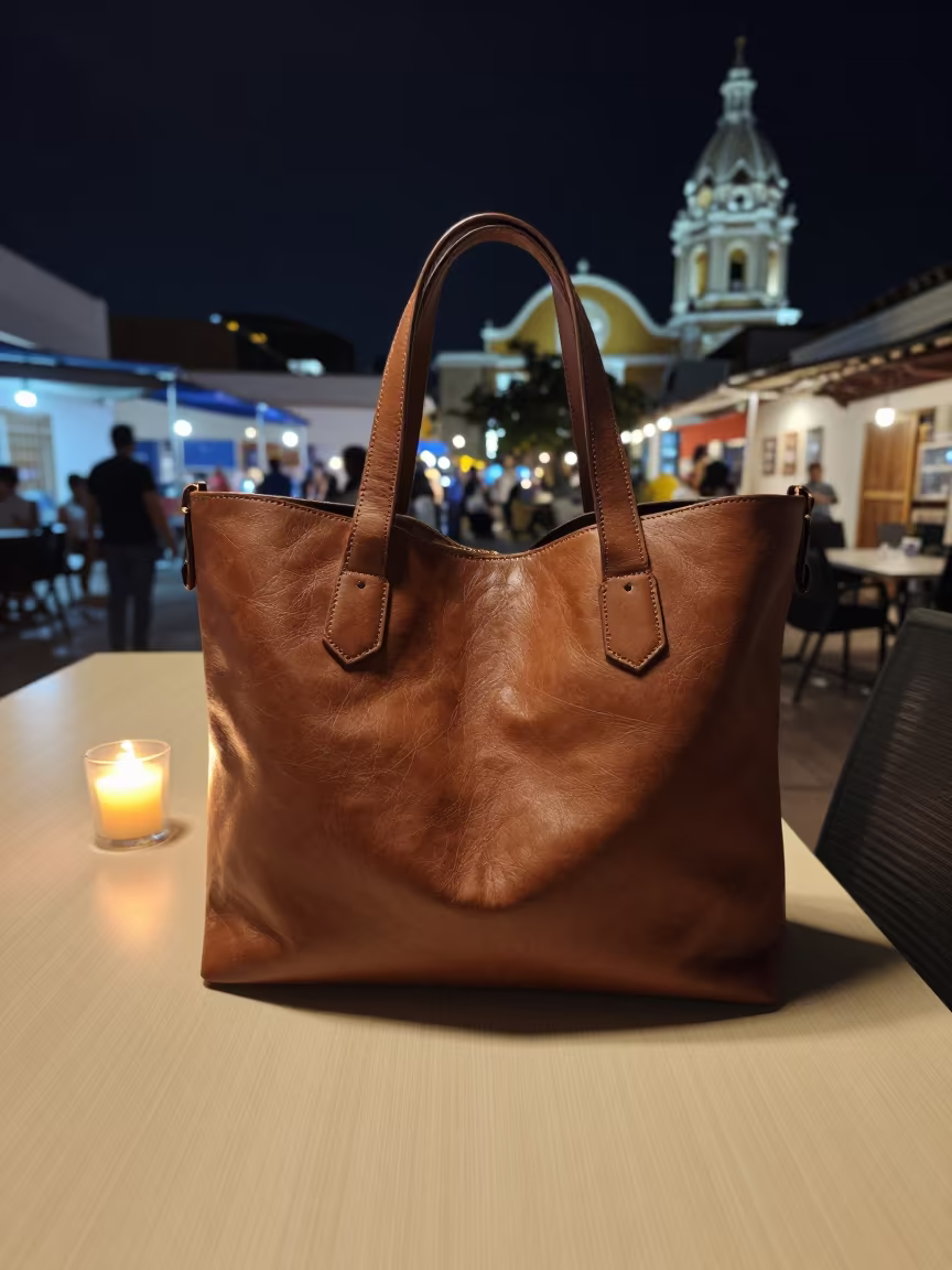 Candlelit Office Tote Near Bazurto Market Cartagena in at a boardroom table before a meeting near Bazurto Market, Cartagena