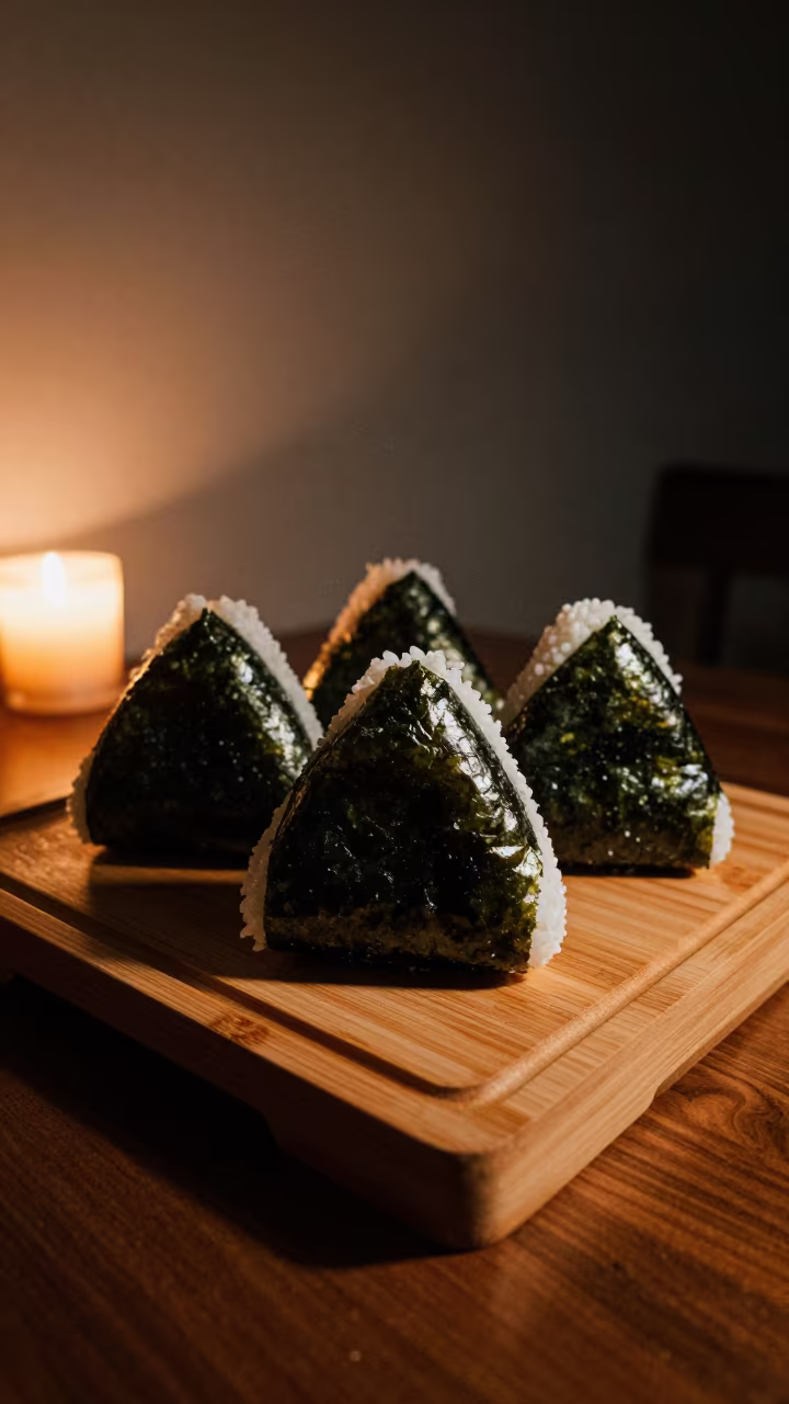 Candlelit Onigiri on Tea House Tray Bucharest in on a tea house tray in Bucharest