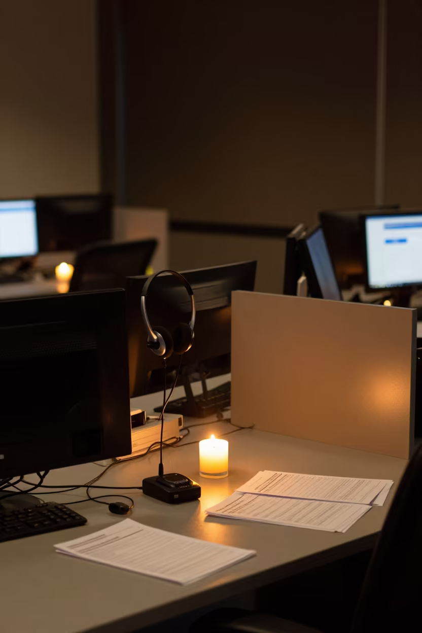 Candlelit Operations Bay Belfast Night Desk in inside a late-shift operations bay near Belfast