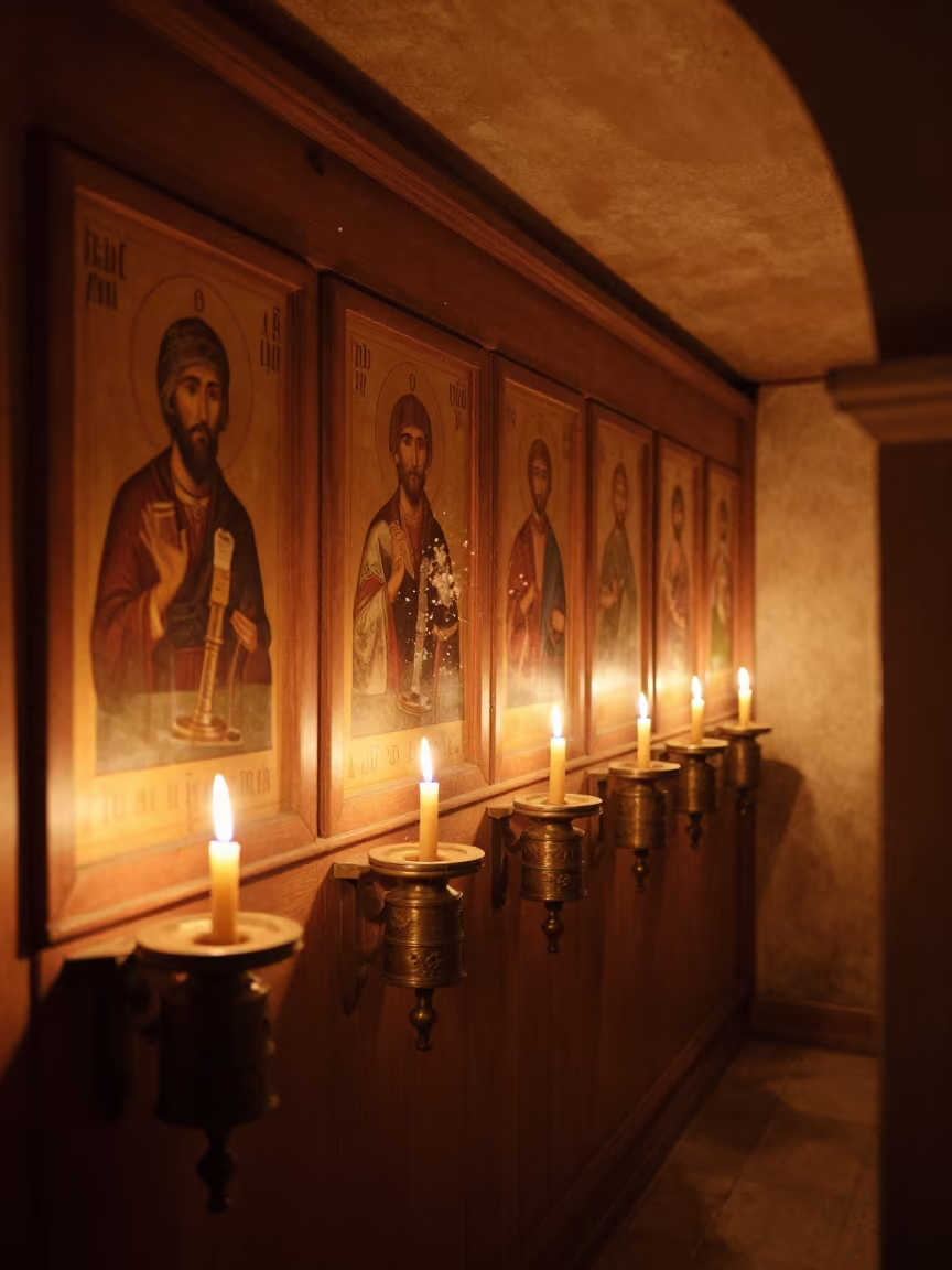 Candlelit Orthodox Icon Wall Midnight Norwich in beside a prayer wheel corridor in Norwich