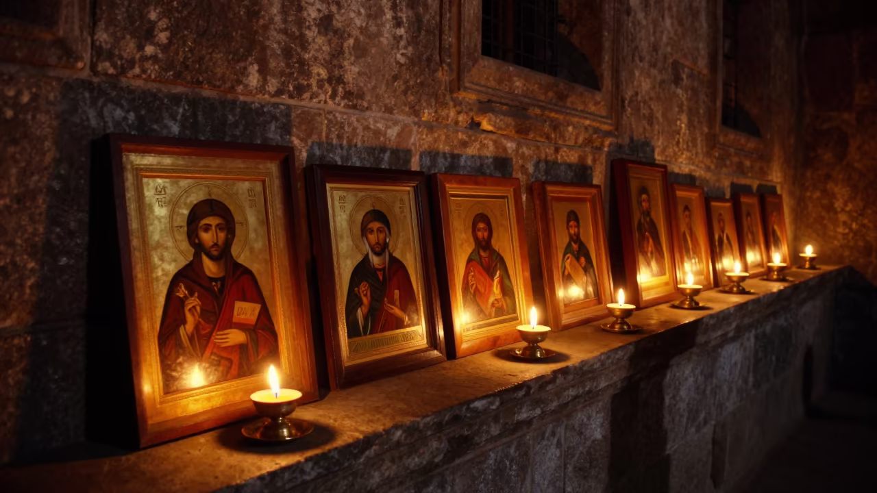 Candlelit Orthodox Icons in Bangalore Cloister in inside a quiet cloister passage in Bangalore
