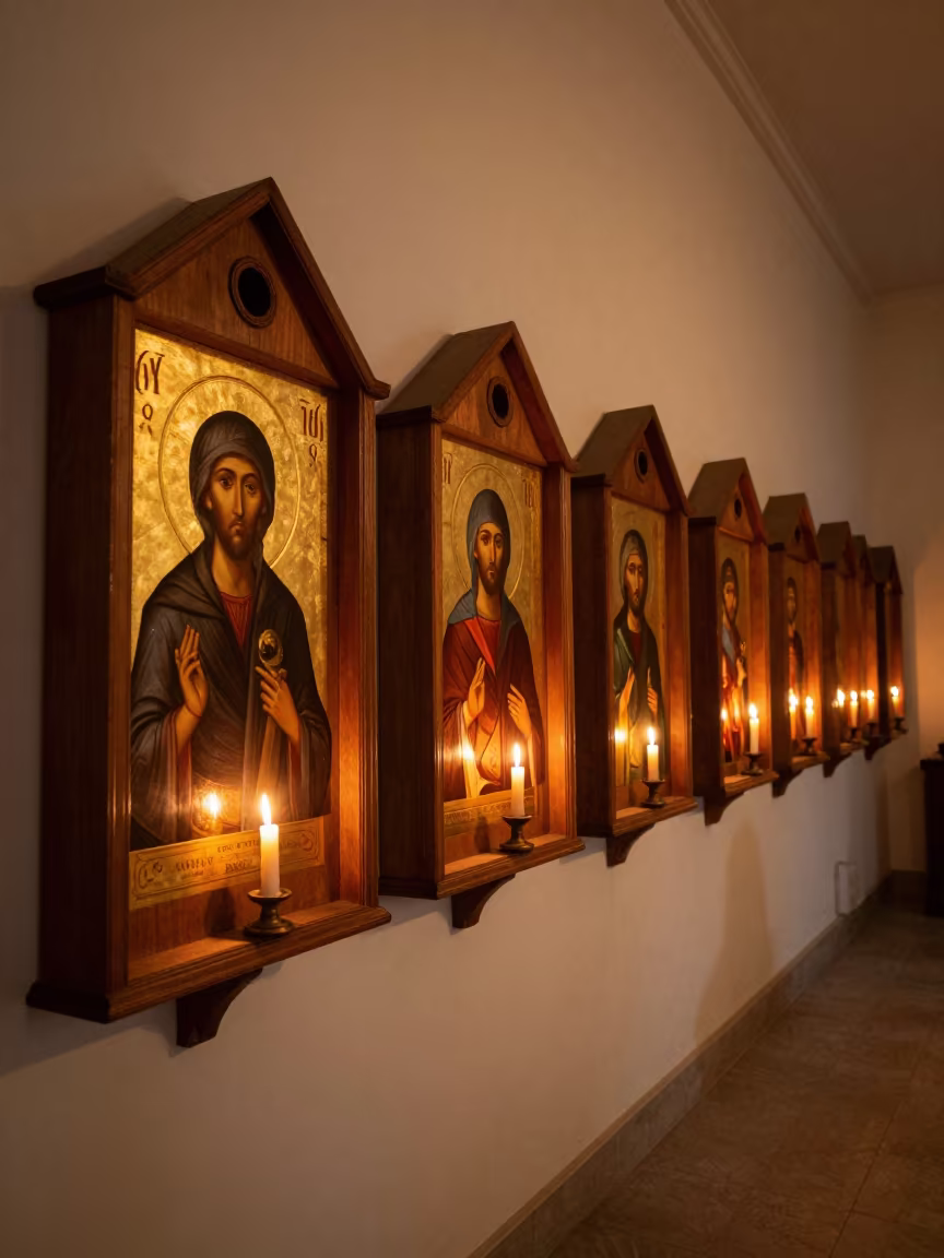 Candlelit Orthodox Icons in Ikeja Chapel in inside a quiet cloister passage in Ikeja