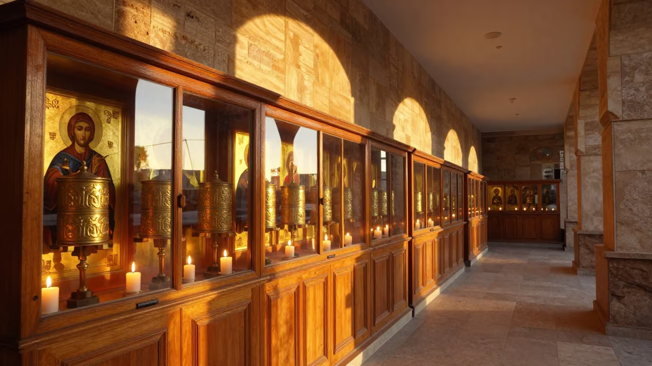 Candlelit Orthodox Icons by Prayer Wheel Corridor in beside a prayer wheel corridor in Victoria Seychelles
