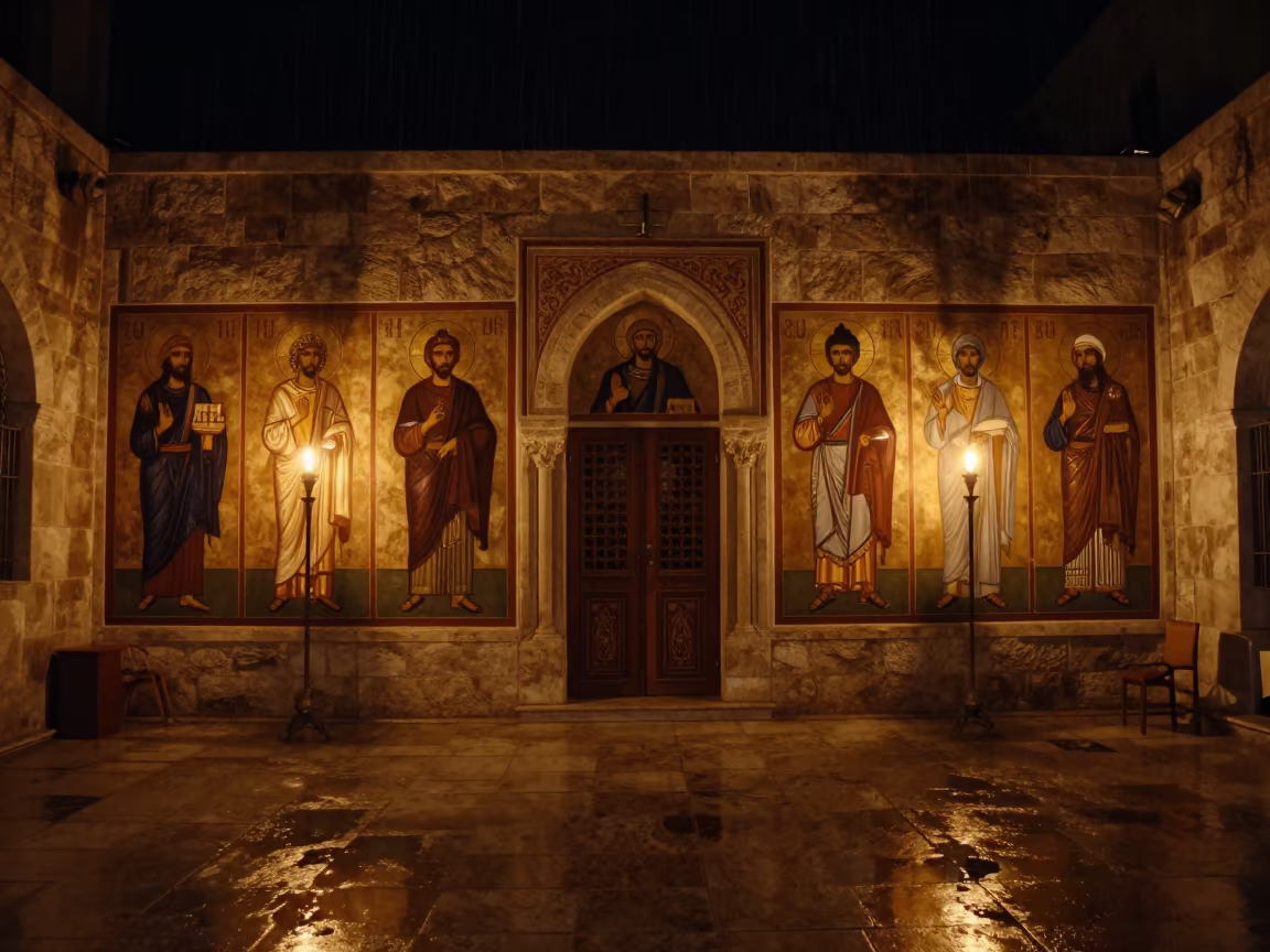 Candlelit Orthodox Icons on Stone Altar Alexandria Night in at the foot of a stone altar in Alexandria