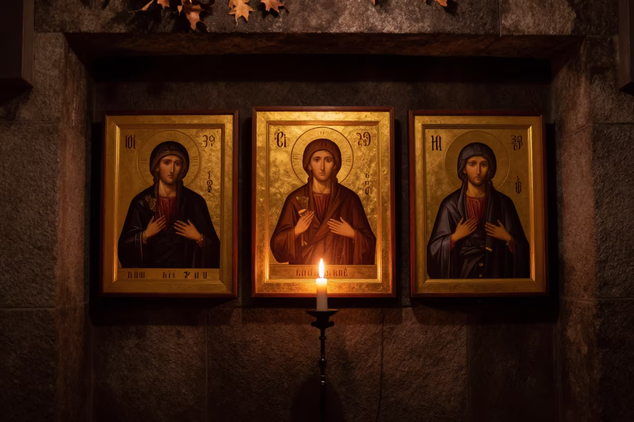 Candlelit Orthodox Icons in Tokyo Chapel in inside a quiet cloister passage in Ueno, Tokyo