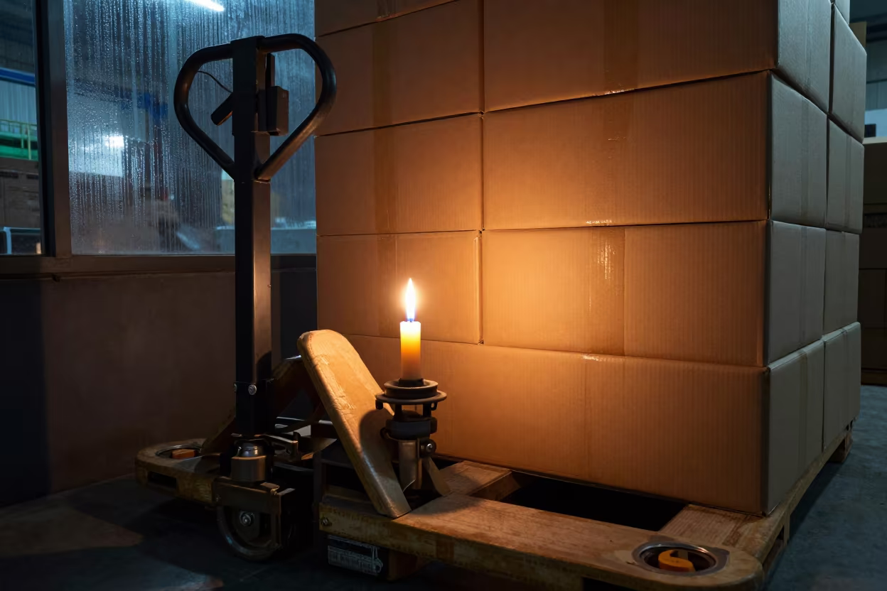 Candlelit Pallet Jack Hafizabad Night in at a fulfillment packing station in Hafizabad