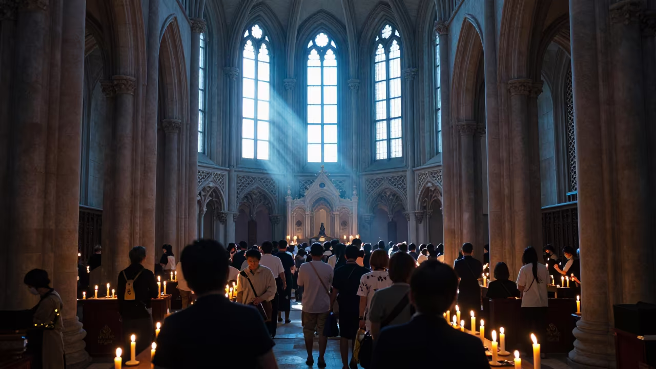 Candlelit Pilgrimage Nave at Dawn in Tokyo Abbey in inside a candlelit abbey nave in Akihabara, Tokyo