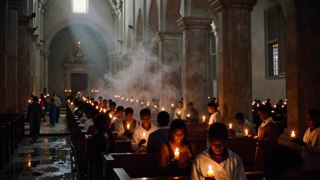 Candlelit Pilgrimage Nave in Predawn Lichinga in inside a candlelit abbey nave in Lichinga