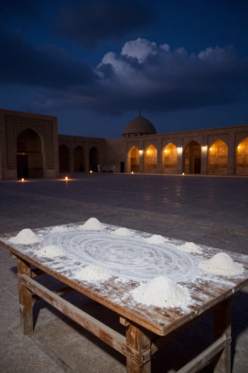 Candlelit Pilgrimage Table in Karbala Temple in in a temple courtyard in Karbala