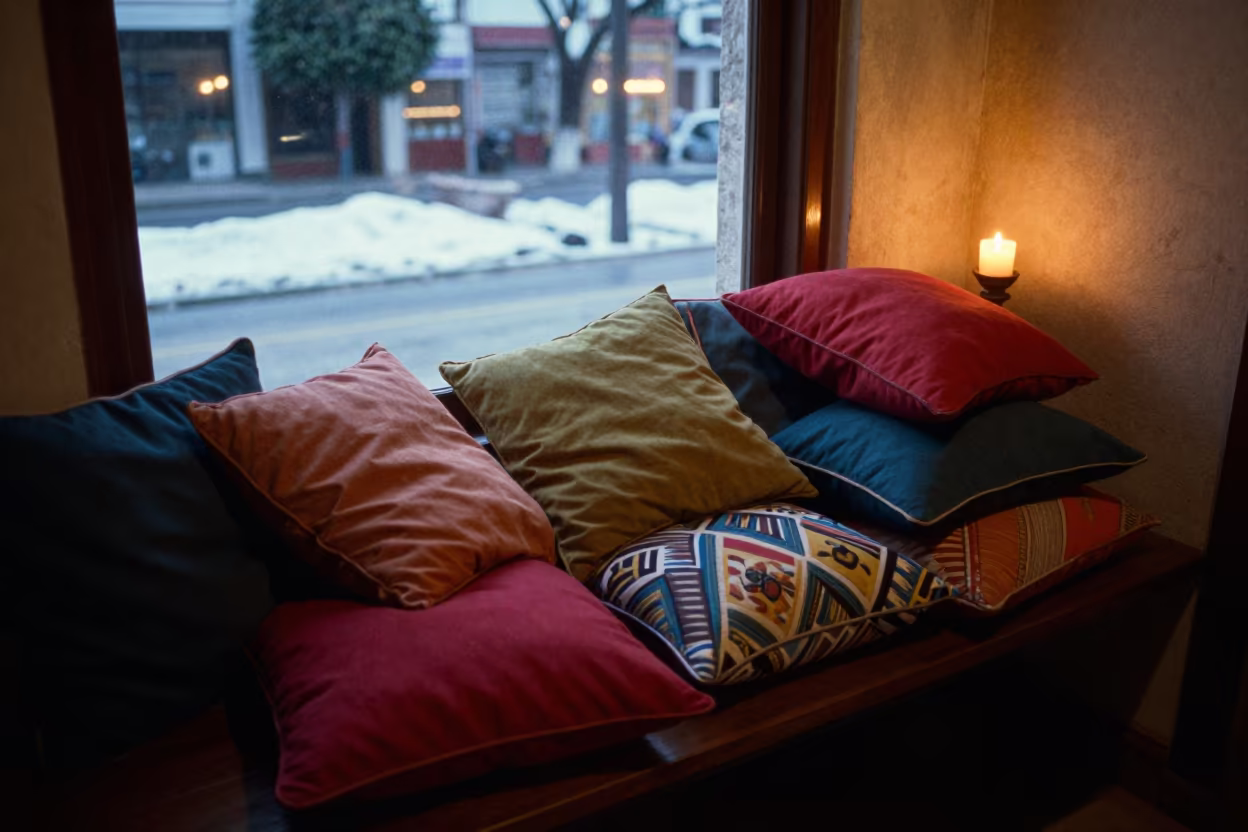 Candlelit Pillow Pile on Veracruz Window Seat in on a window seat in Veracruz
