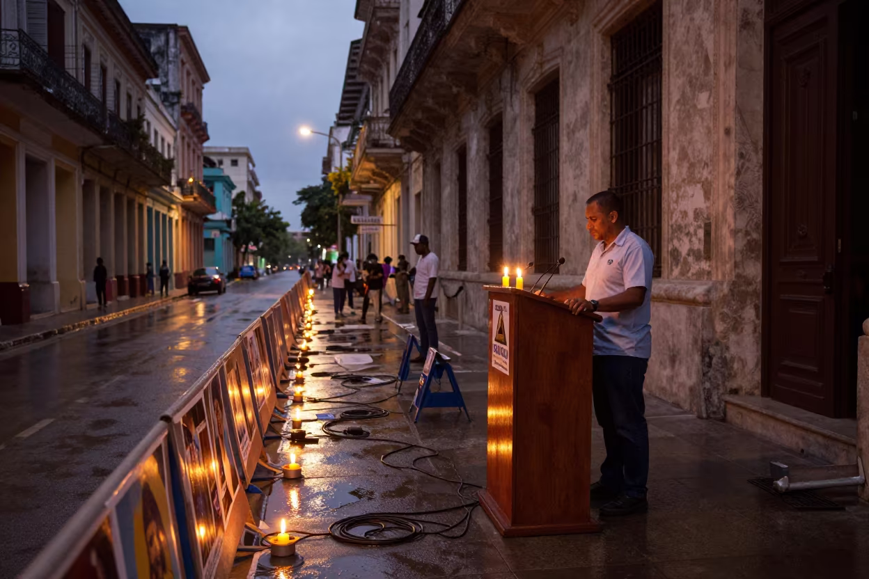 Candlelit Podium and Cables in Havana Predawn in outside a polling station entrance in Callejon de Hamel, Havana