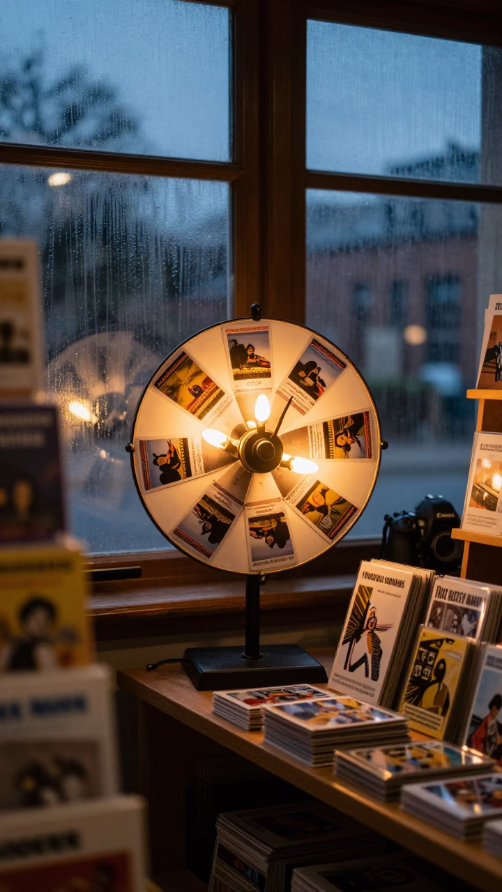 Candlelit Postcard Spinner in Museum Stockroom in inside a stockroom behind the sales floor near Rochester