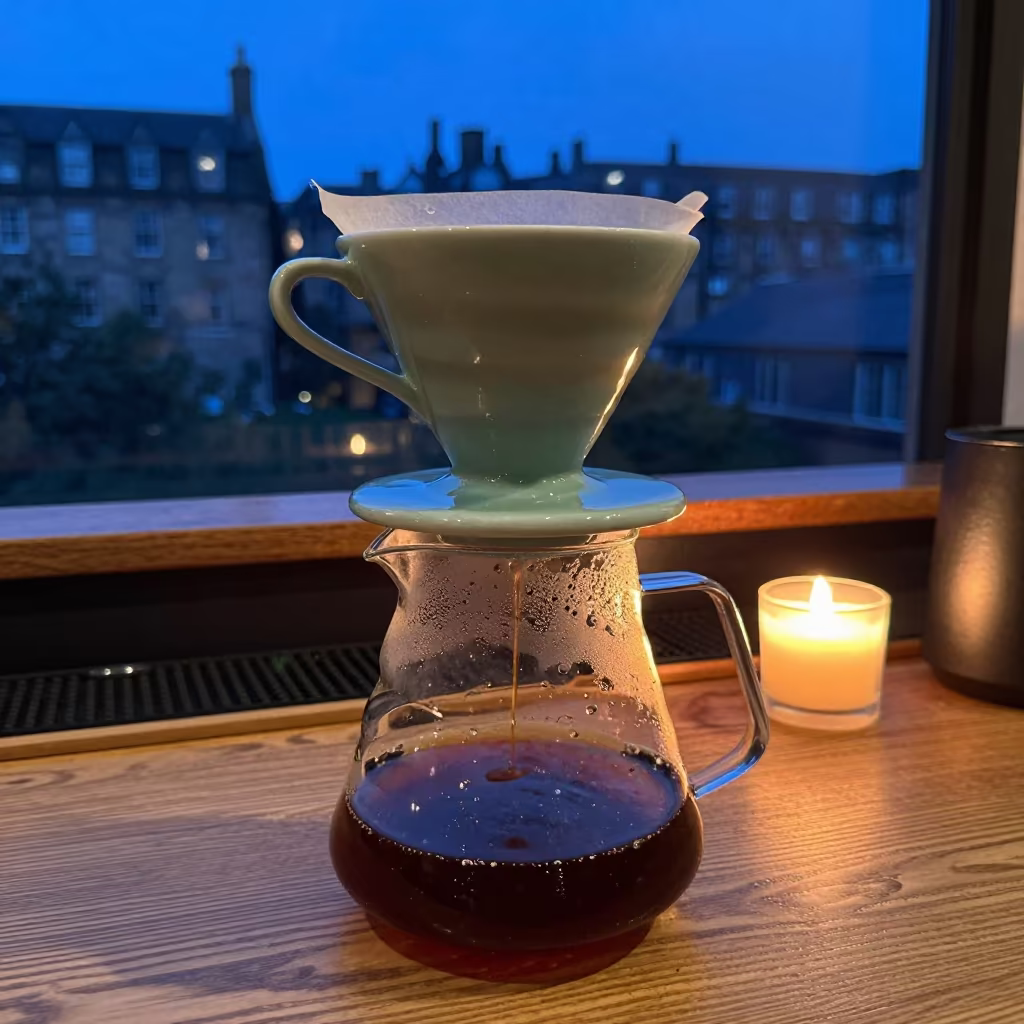 Candlelit Pour Over Coffee at Edinburgh Bar in at a coffee bar counter in Grassmarket, Edinburgh