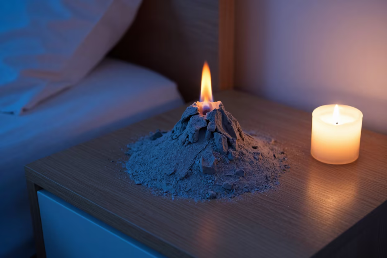 Candlelit Pyrocumulonimbus Model on Batumi Table in on a bedside table near Batumi