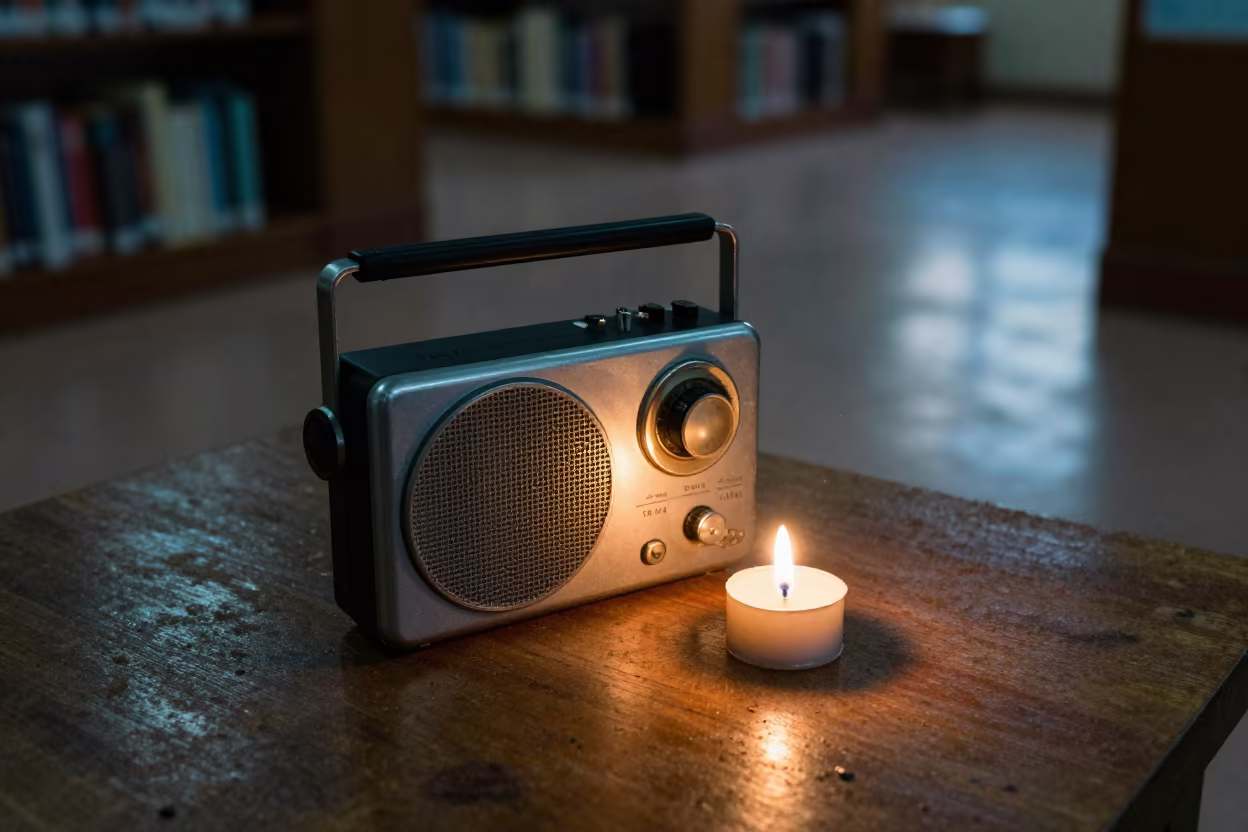 Candlelit Radio on Dusty Library Table Mbuji-Mayi in on a dusty library table in Mbuji-Mayi