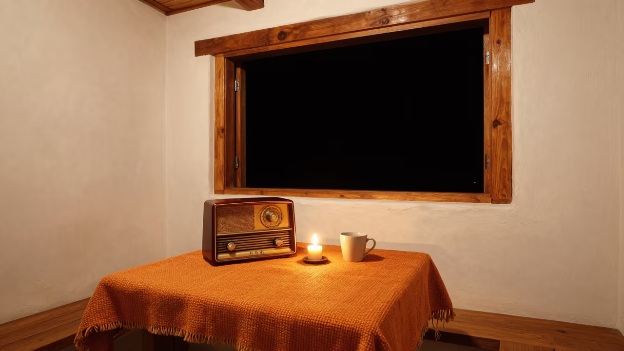 Candlelit Radio Nook in Timber Cabin Ciudad Bolívar in in a breakfast nook in Ciudad Bolívar