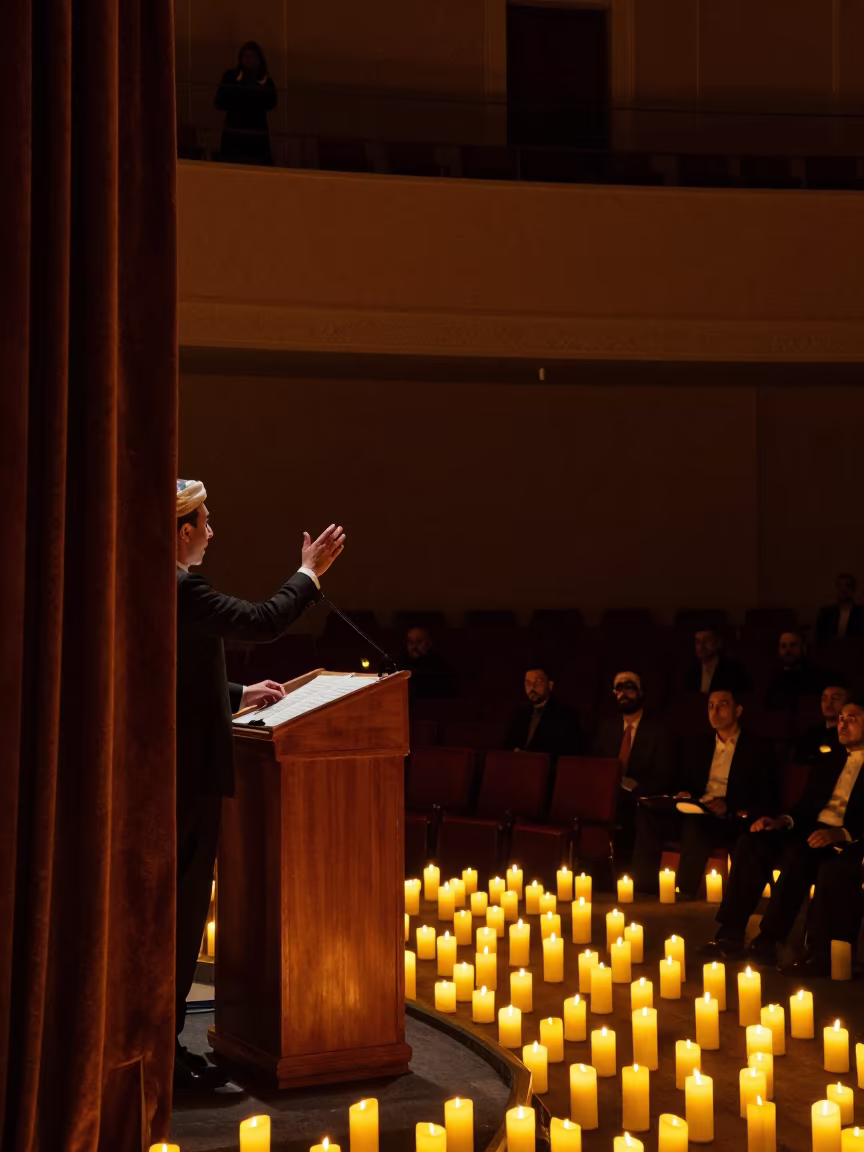 Candlelit Ramadi Concert Hall Pre-Conduct Moment in in a concert hall in Ramadi