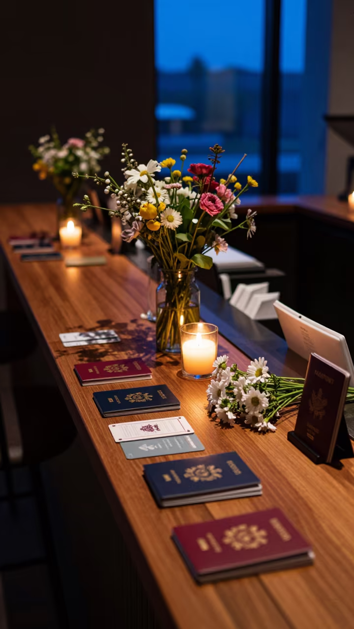 Candlelit Reception Desk at Predawn in inside a hotel lobby near Albuquerque