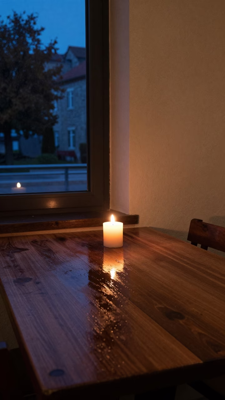 Candlelit Reflection in Rain Puddle Budva Cafe in on a cafe table by a window near Budva