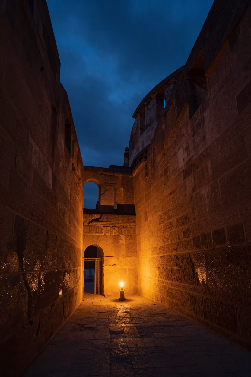 Candlelit Roman Arena Under Night Skies in inside a skylit passageway in Urumqi