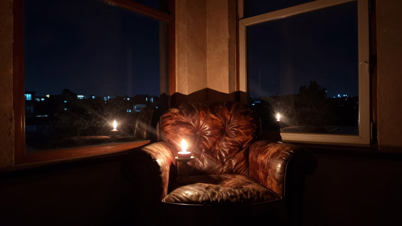 Candlelit Room Reflection in Tabriz Window in on a worn leather armchair in Tabriz