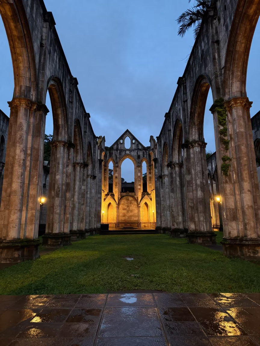 Candlelit Ruined Abbey Nave São Paulo Twilight in inside a candlelit abbey nave in São Paulo