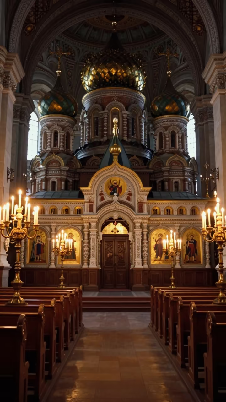 Candlelit Russian Cathedral Nave in Sapporo Summer in inside a candlelit nave in Sapporo