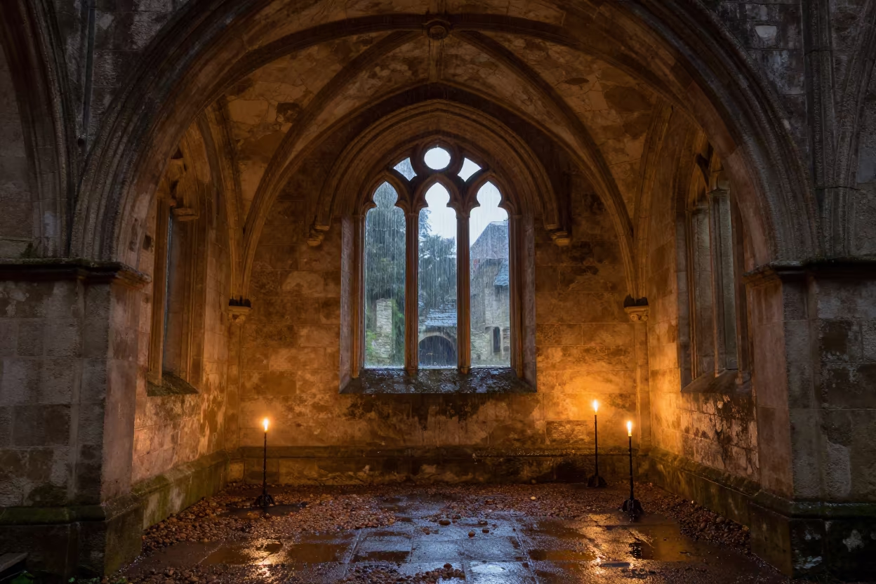 Candlelit Sandstone Arch in Belbis Abbey Cloister in inside a quiet cloister passage in Belbis