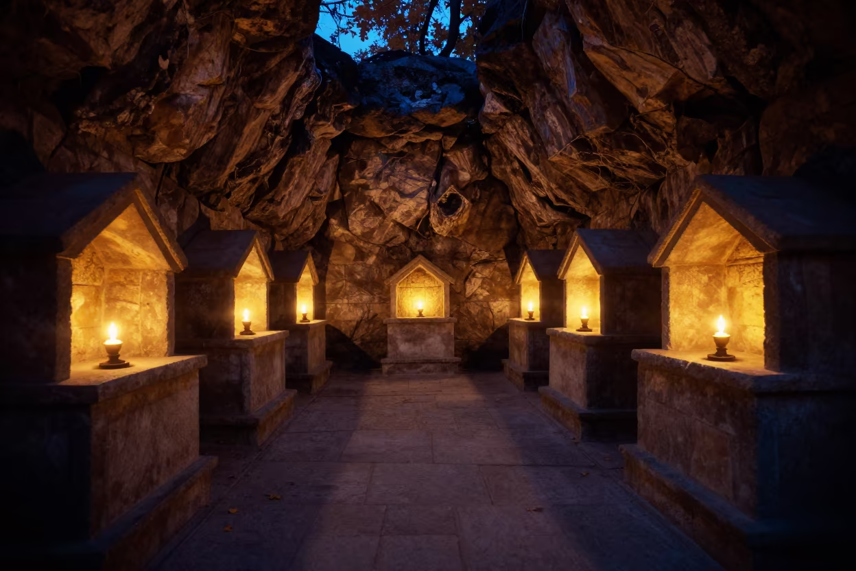 Candlelit Sarcophagi in Guiyang Cathedral Crypt in at the foot of a stone altar in Guiyang