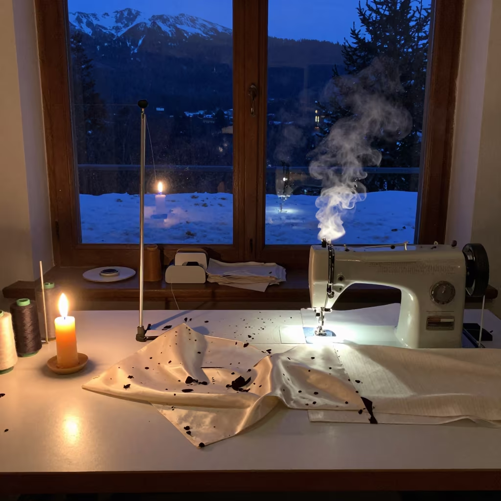 Candlelit Sewing Station with Silk and Thread in inside a couture atelier in Bariloche
