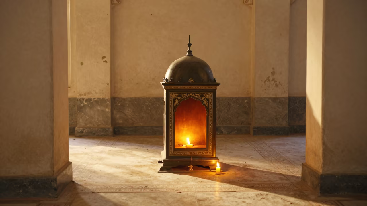 Candlelit Shrine in Ahvaz Mosque Golden Hour in in a mosque prayer hall in Ahvaz