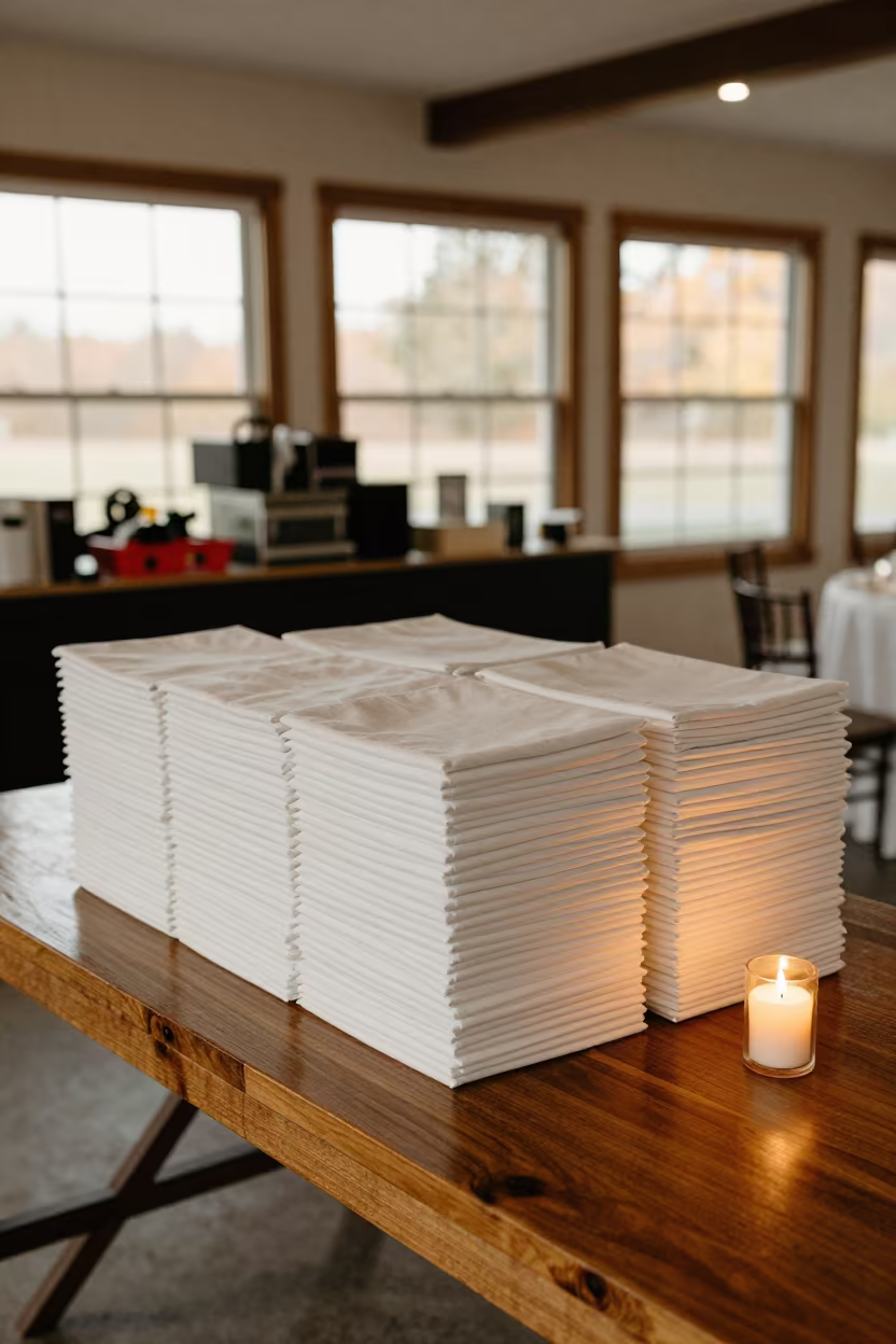 Candlelit Shuttle Tote Stack in Richmond Banquet Hall in inside a banquet hall before service near Richmond