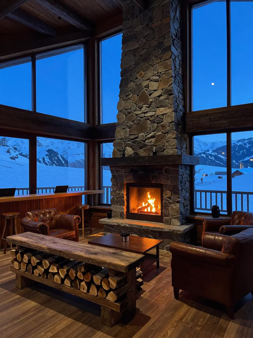 Candlelit Ski Lodge Lounge at Blue Hour in inside a spa reception near Almaty