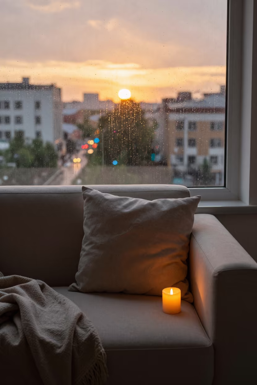 Candlelit Sofa Arm Pillow Near Rain Window Harbin in beside a rain-streaked window near Harbin
