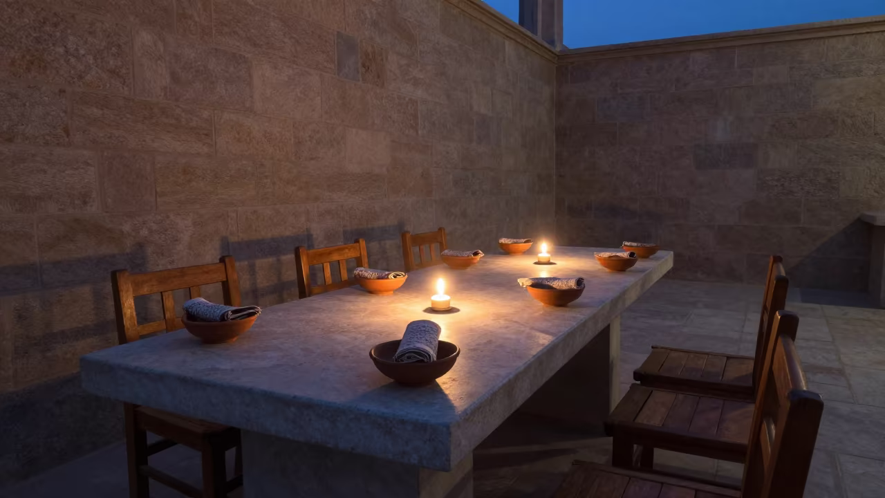 Candlelit Stone Refectory Table in Twilight Chapel in inside a stone chapel in Jamalpur