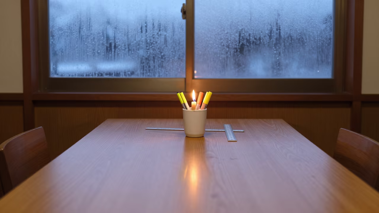 Candlelit Study Carrel with Highlighters in inside an art classroom in Takayama