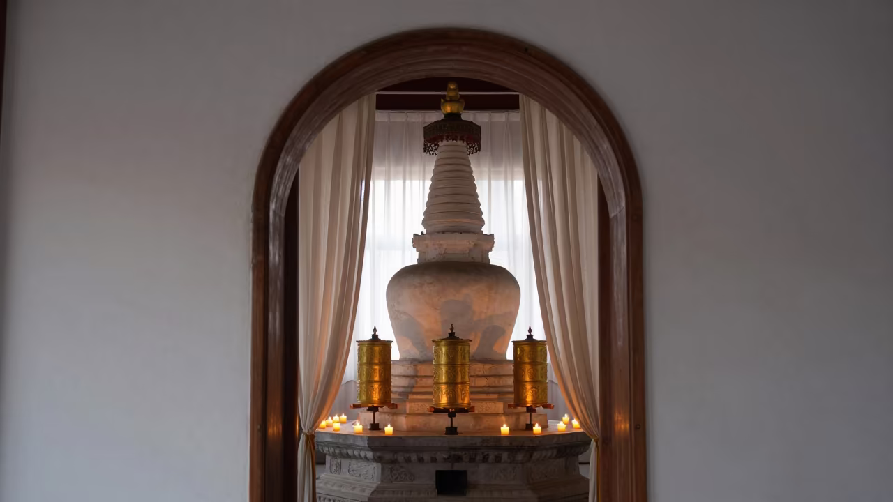 Candlelit Stupa Prayer Wheels Nave in inside a candlelit nave in Zhengzhou