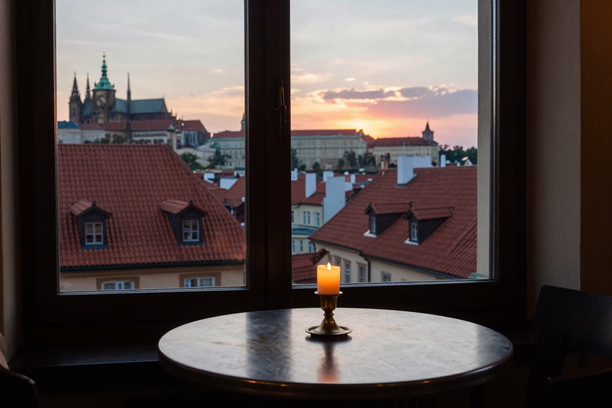 Candlelit Table in Prague Cafe as Sun Sets Over Historic Architecture in in Prague, Czech Republic