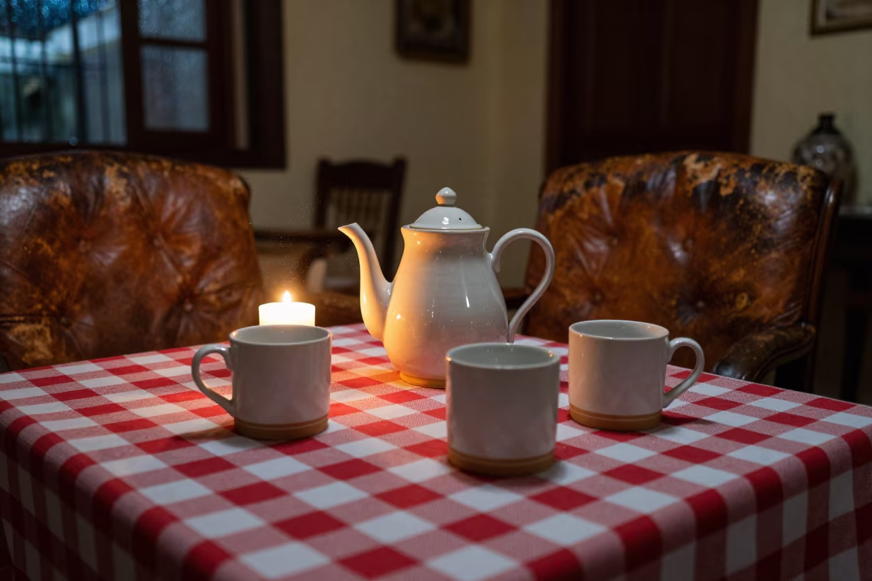 Candlelit Tea on Leather Armchair in Cajamarca in on a worn leather armchair in Cajamarca