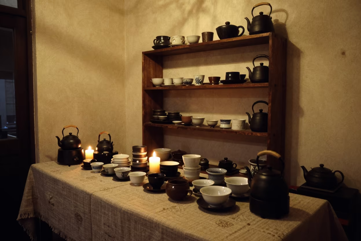 Candlelit Tea Service Shelf Near Bratislava in on a textile-covered table near Bratislava