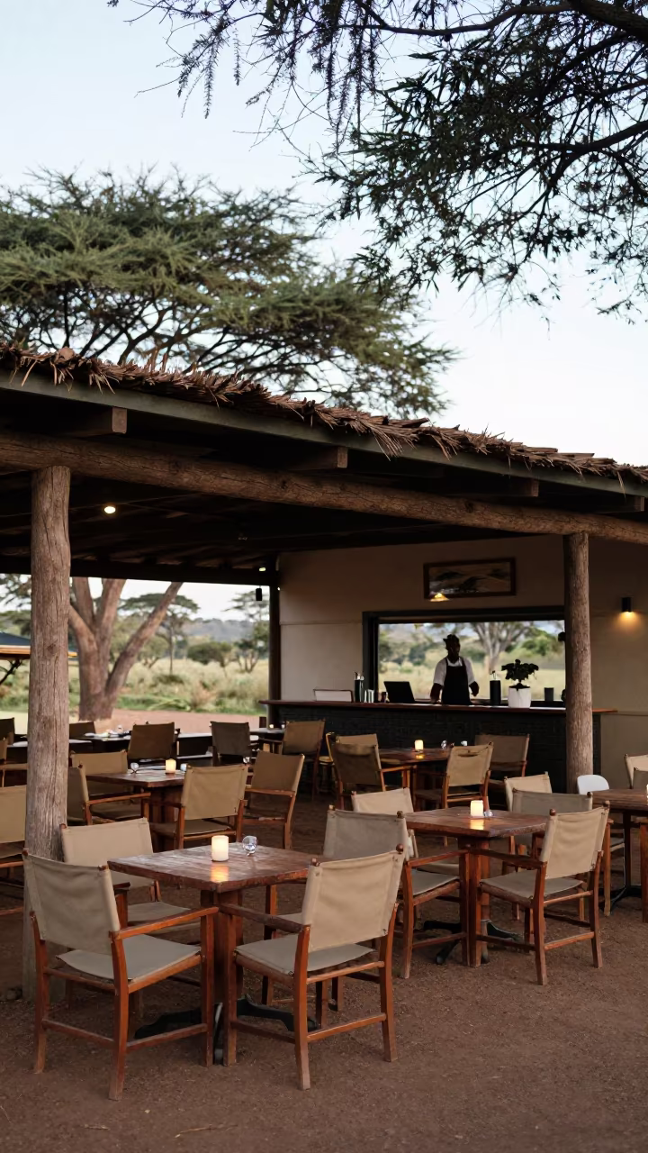 Candlelit Terrace Before Guests Arrive at Nairobi Lodge in beneath a porte cochere at arrival near Bomas, Nairobi