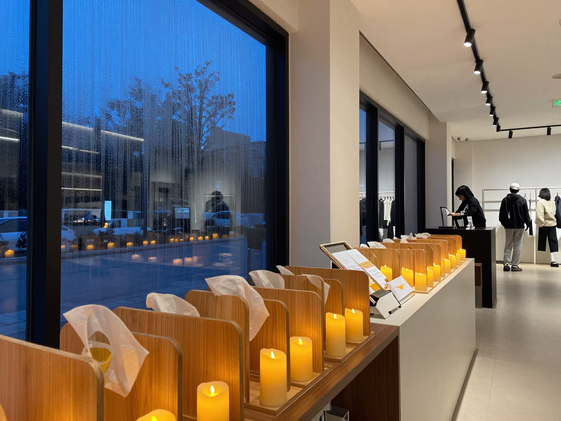 Candlelit Tissue Rack in Kunming Store in along a front-of-store display run in Kunming