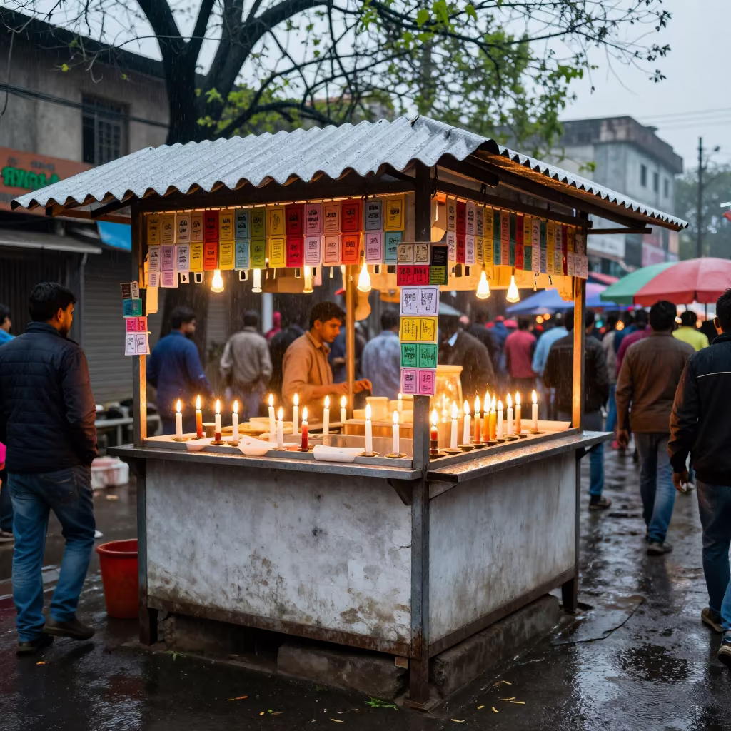Candlelit Token Booth After Rain in Prayagraj in at a festival street procession in Prayagraj