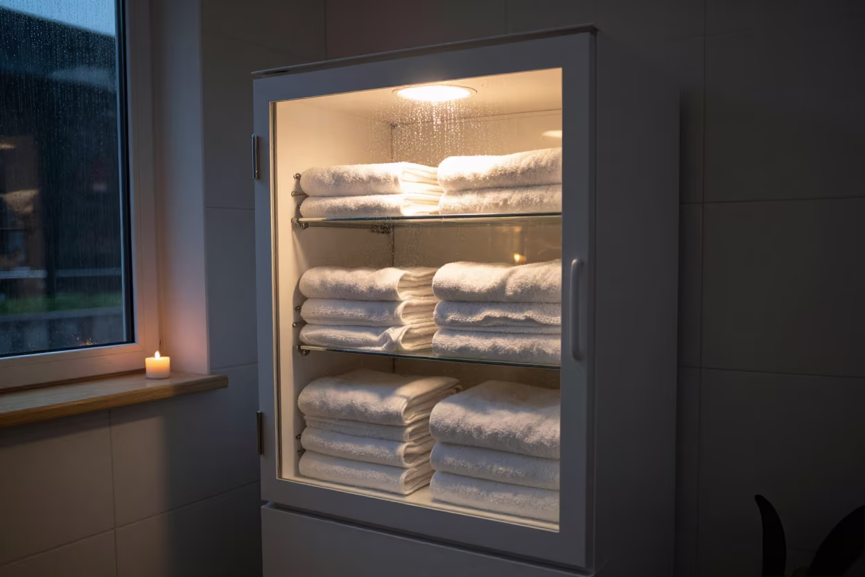 Candlelit Towel Warmer Before First Client Arrives in inside a nail studio near Ceyhan