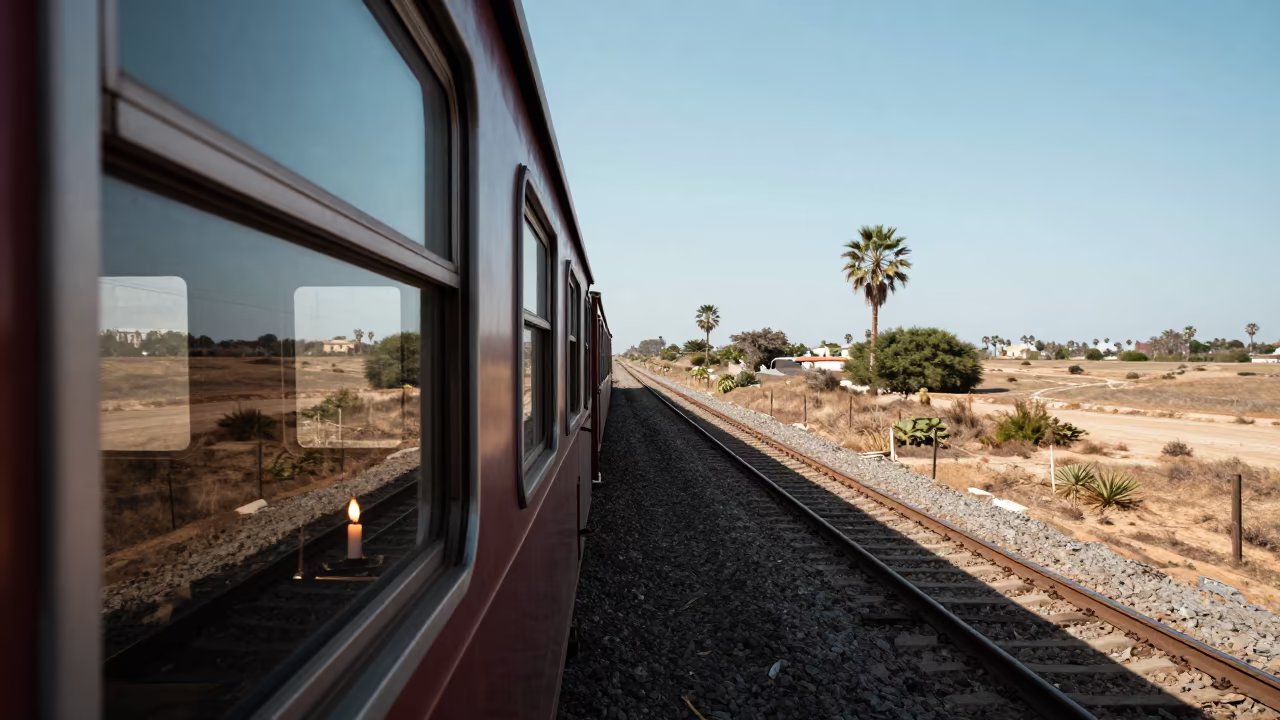 Candlelit Train Window on Nazareth Causeway in on a wind-open causeway near Nazareth