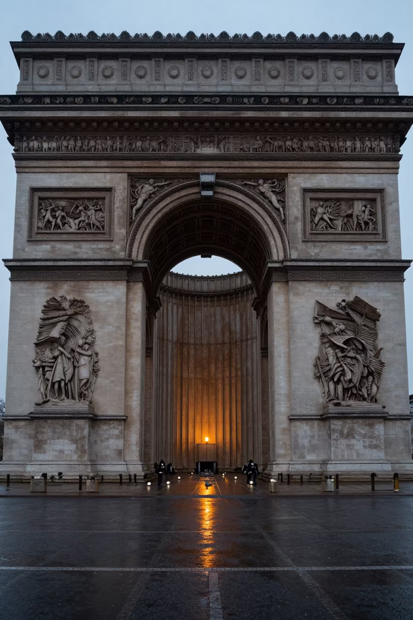 Candlelit Triumphal Arch in Predawn Lobby in inside a ribbed concrete lobby near Lille