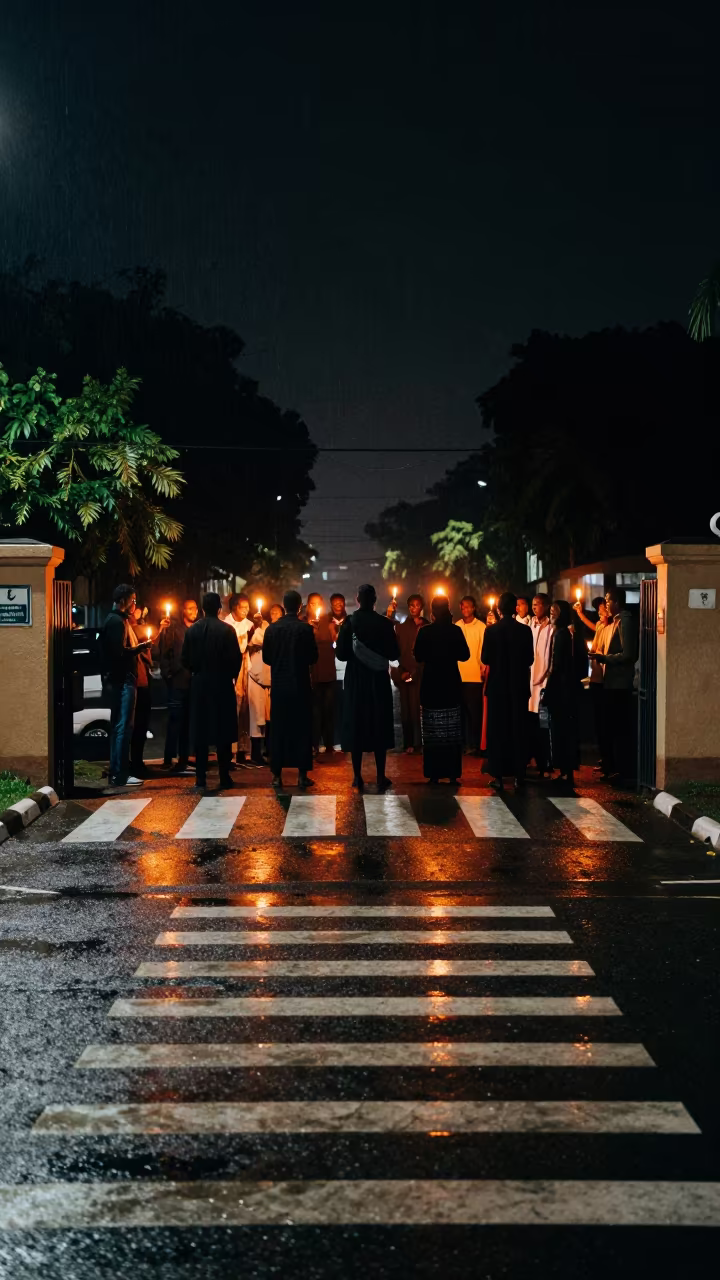 Candlelit Vigil Circle at School Gate Night in at a crosswalk by a school gate in Kassala