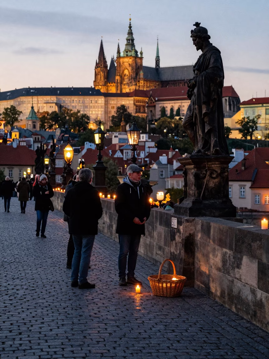 Candlelit Vigil in Prague at Nautical Dawn Light in in Prague, Czech Republic