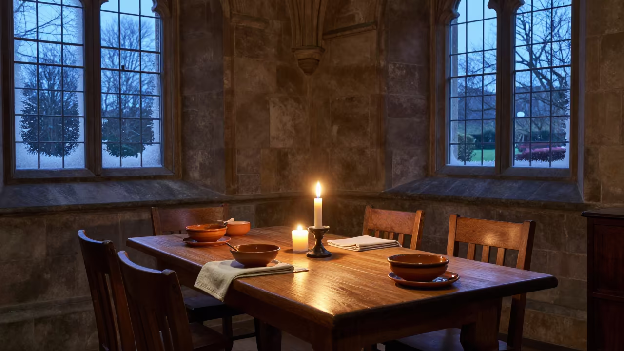 Candlelit Winter Monastery Refectory Table in inside a candlelit abbey nave in Wolverhampton