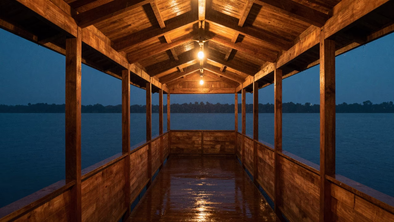 Candlelit Wooden Boathouse Monsoon Night in inside a skylit passageway in Hyderabad